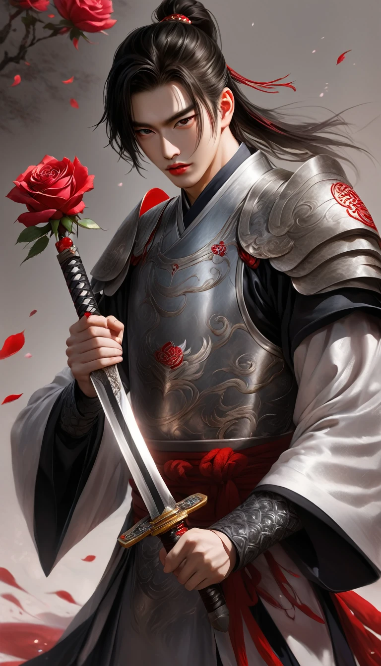 warrior,young man、juvenile、knife、Hanfu,robe,Handsome Face Shape,handsome man、lively, silver body armour, biting a red rose in his mouth, holding a sword