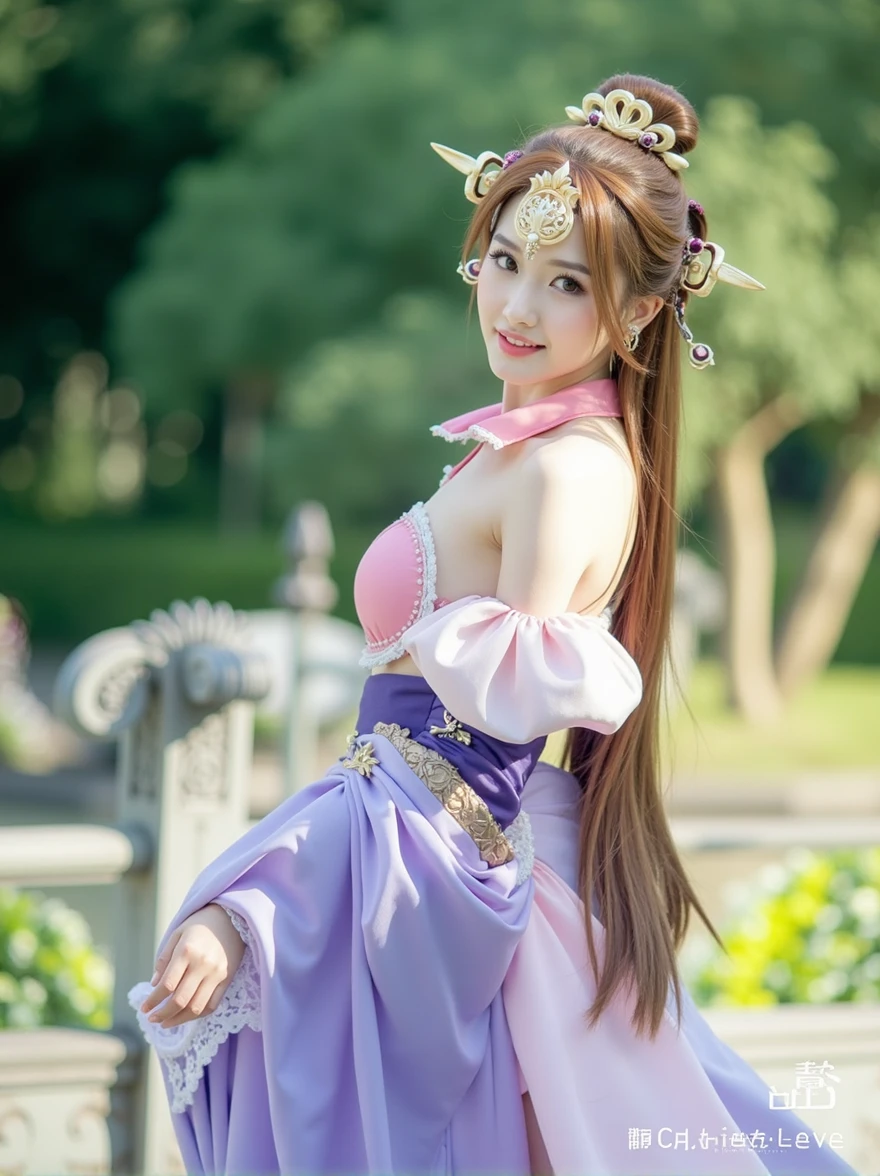 (masterpiece, best quality, 8k, (raw photo:1.2),((photorealistic)), ultra-detailed, highres, extremely detailed), Photo of a attractive woman in diaochan cosplay costume, Kings Impact Diao Chan Cosplay Costume, moderately large breasts, lotus detail, fussy hair accessories, (delicate, gentle pose), pose for photo, (((beautiful eyes))), meticulous makeup, curled eyelashes, ((looking at viewer)), light smile, no background, professional photographer studio lighting, (cosplay character game), ((((((full body))))), (((wide angle))), three of kingdoms