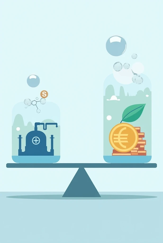 "Please create an image, which represents the decision-making process for phosphate recovery. Show a scale with two options: on the one hand a RO-plant for rent next to it euro money and on the other hand a phosphate molecule in stadliscges wastewater and a vebrante money. The scene should appear professional and objective, suitable for a technical or business presentation."