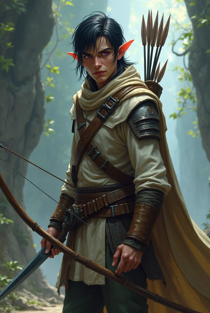 An elf explorer (ranger) de dungeons and dragons, He has dark hair and purple eyes. He carries a long bow and arrows, has three daggers, one on her waist, another on the thigh and another on his boots, has light armor. He has white skin with visible scars on his body.