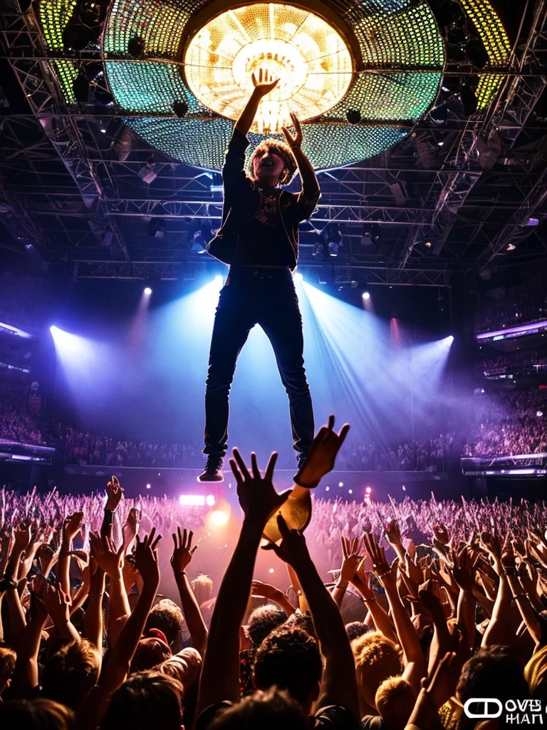 A dynamic concert scene with a rock band performing on stage under a massive mirrored ceiling that reflects the vibrant crowd below, creating an illusion of the audience both on the ground and in the air. The stage is filled with fog and bright, intense lights, adding a dramatic flair to the atmosphere. The band members are passionately playing their instruments, with one guitarist striking a pose with his guitar held high, while the lead singer stands in the center, arms raised in triumph. The overall mood is electric, energetic, and exhilarating, capturing the essence of a live music experience.