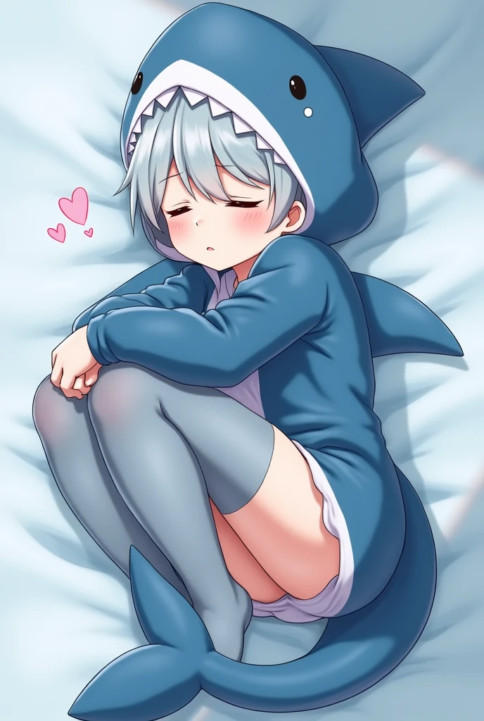 A 18 year old anime-style boy dressed in a cute shark costume, garbed in soft shades of blue, hes has on thigh highs, fishnets and he has a shark tail and ears . He is portrayed sleeping