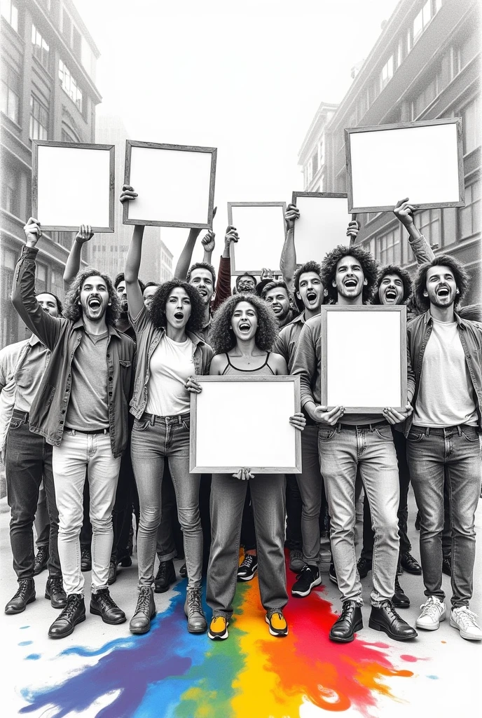 group of energetic LGBTQ diverse men and women protesting with blank banners in a black and white sketch style with a colourful abstract image eminating from the bottom of the picture a group of people holding signs and standing in front of a building, group photo, official artwork, promo image, promotional poster, screen capture, full image, illuminating the area, popart, Art Deco, Conceptual art