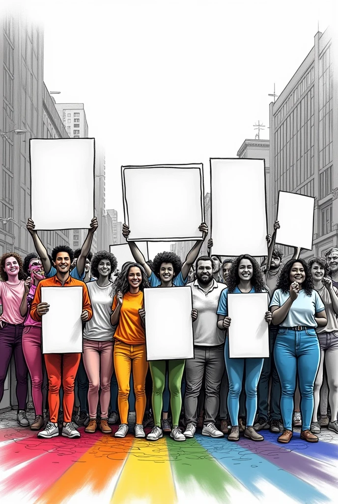 group of energetic LGBTQ diverse men and women protesting with blank banners in a black and white sketch style with a colourful abstract image eminating from the bottom of the picture a group of people holding signs and standing in front of a building, group photo, official artwork, promo image, promotional poster, screen capture, full image, illuminating the area, popart, Art Deco, Conceptual art