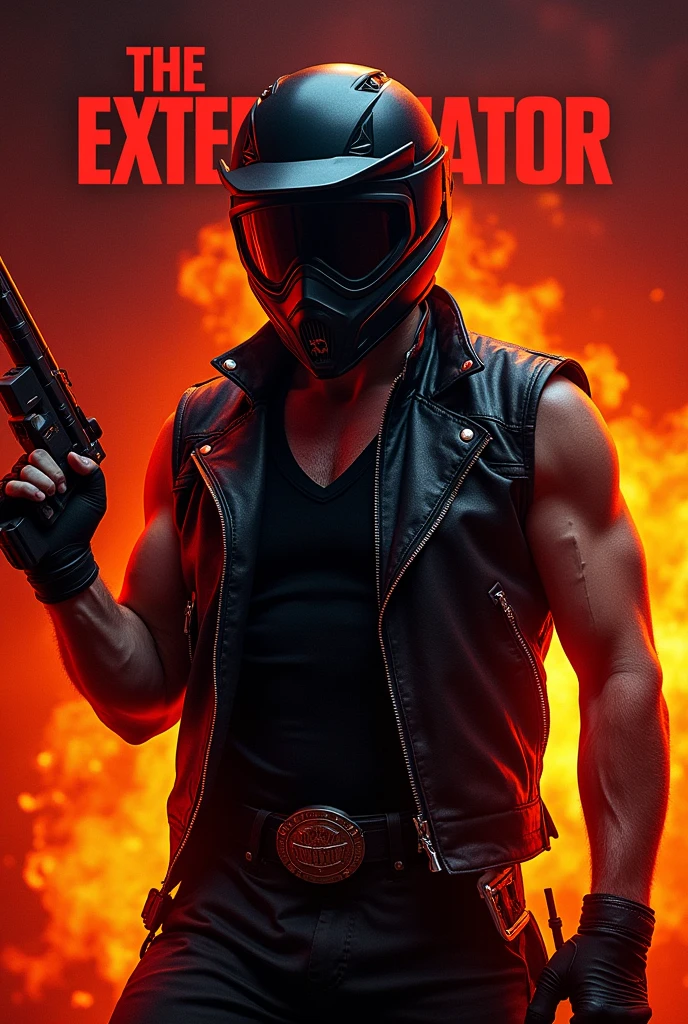 Movie Poster, title logo "The Exterminator", a man, full-face bike helmet, sleeveless black leather jacket, flamethrower,