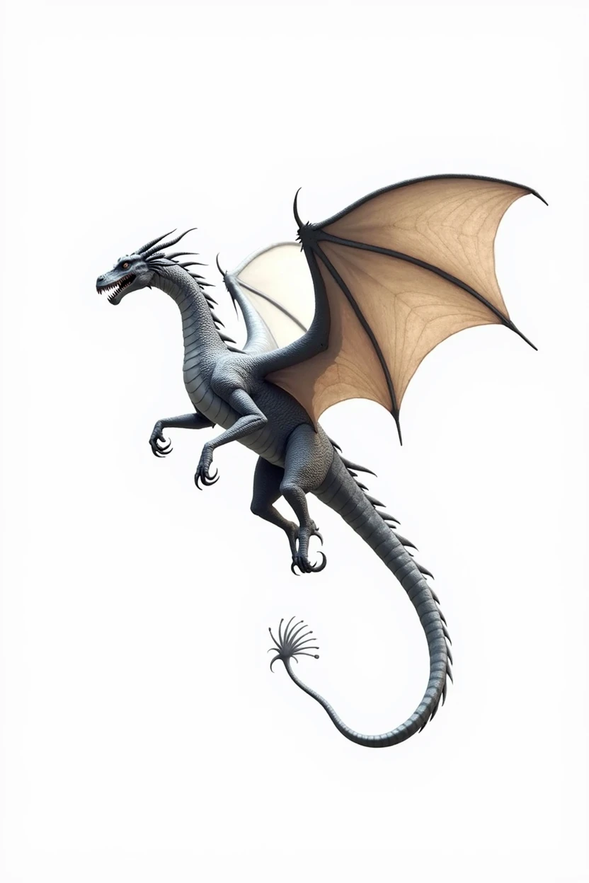 Silverwing the dragon from house of the dragon  with white background flying
