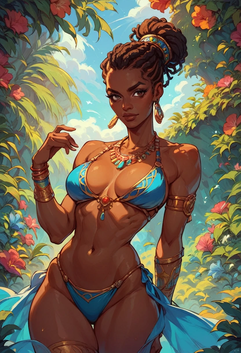 score_9, score_8, score_7, score_7_up, score_8_up, (a 35 year old woman) brown skin, beautiful African-American woman, solo, 1 girl, , african hair, super detailed, bikini