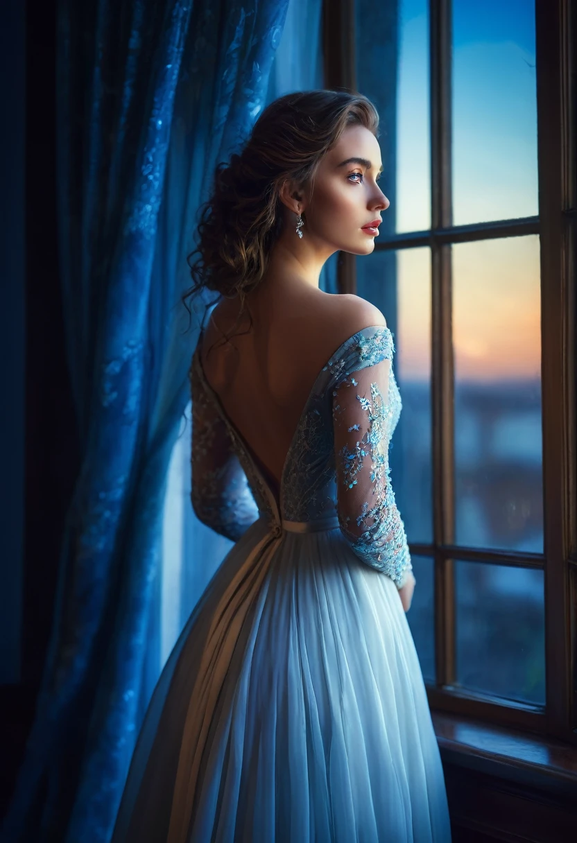 arafed woman in a dress standing in front of a window, a picture by Marie Bashkirtseff, shutterstock, romanticism, half-turned lady in evening gown, flowing gown, wearing a flowing dress, mysterious woman, haunting beautiful young woman, wearing a white flowing dress, flowing dress, woman in dress, extremely moody blue lighting, miss aniela