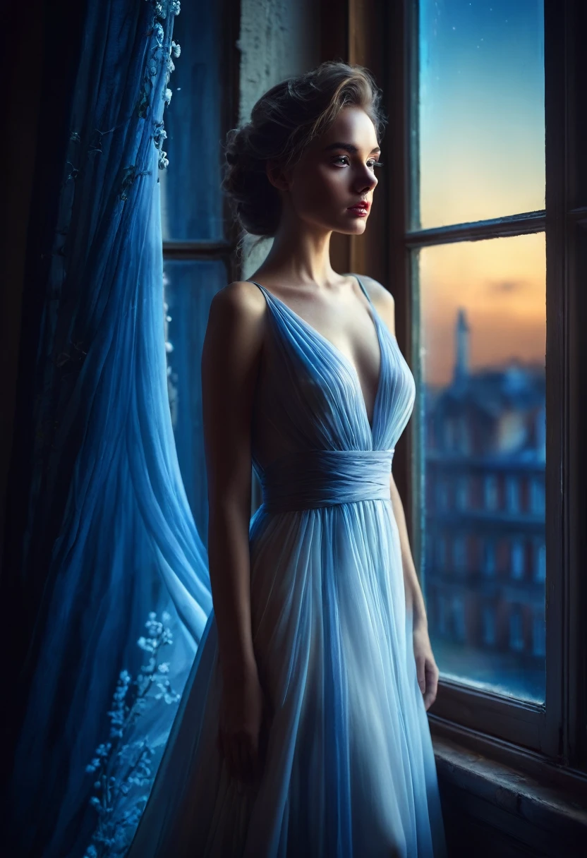 arafed woman in a dress standing in front of a window, a picture by Marie Bashkirtseff, shutterstock, romanticism, half-turned lady in evening gown, flowing gown, wearing a flowing dress, mysterious woman, haunting beautiful young woman, wearing a white flowing dress, flowing dress, woman in dress, extremely moody blue lighting, miss aniela