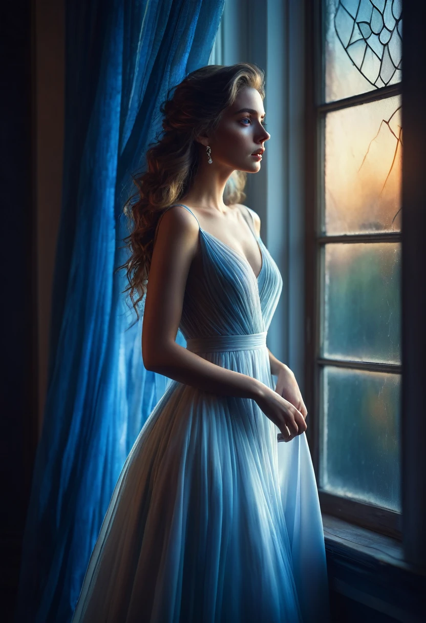 arafed woman in a dress standing in front of a window, a picture by Marie Bashkirtseff, shutterstock, romanticism, half-turned lady in evening gown, flowing gown, wearing a flowing dress, mysterious woman, haunting beautiful young woman, wearing a white flowing dress, flowing dress, woman in dress, extremely moody blue lighting, miss aniela