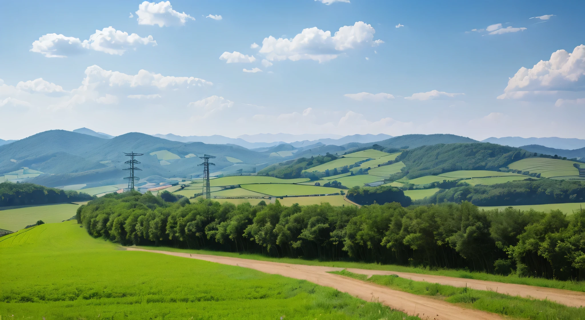 (((Countryside back mountain 1.5)))、Tall steel tower、Transmission lines