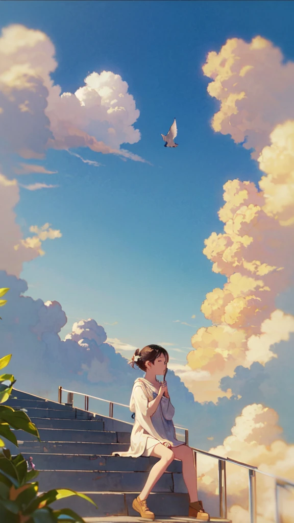 (1girl sitting on stairway to heaven), above the clouds, seas of clouds, ascending, ethereal, peaceful, graceful, innocent, hopeful, pure, dove,
post-impressionist, impressionism,