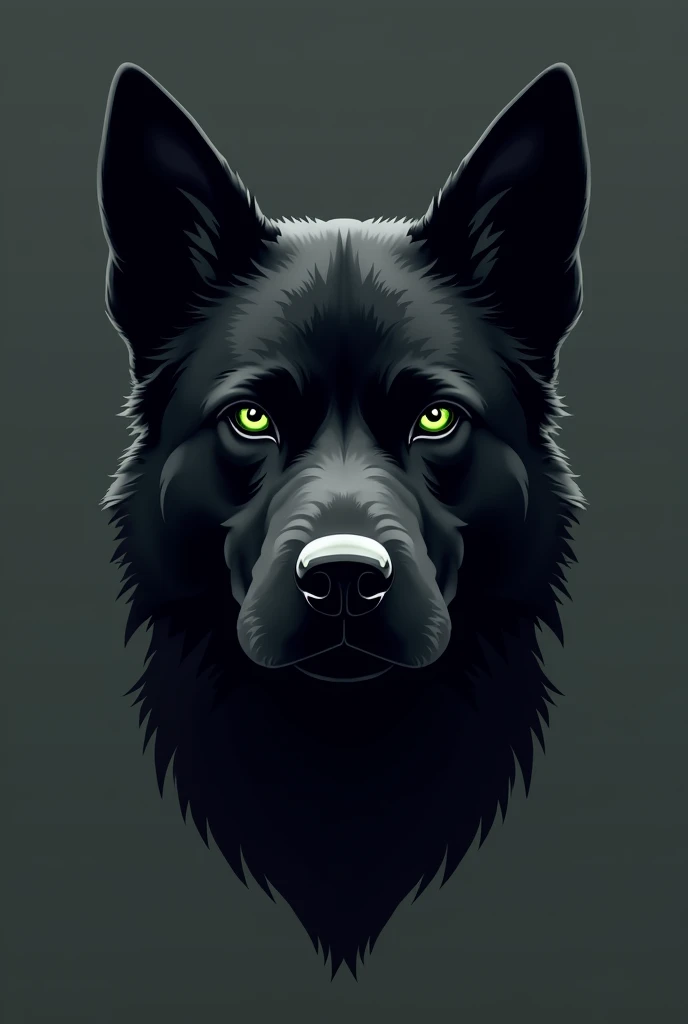 Minimalist logo of a realistic imposing black dog with angry green eyes