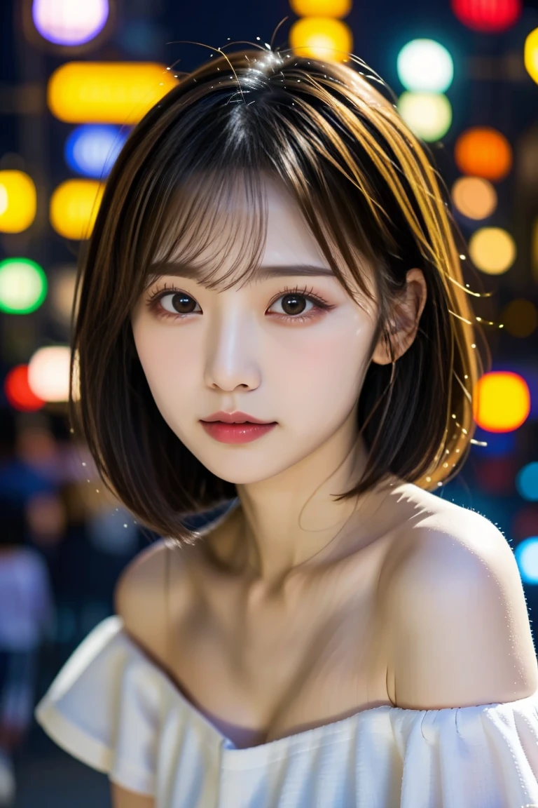 beautiful japanese girl wearing white top with off shoulder white shirt, in the night city, portrait photos --s 750 --style raw
