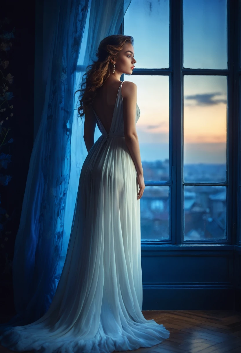 arafed woman in a dress standing in front of a window, a picture by Marie Bashkirtseff, shutterstock, romanticism, half-turned lady in evening gown, flowing gown, wearing a flowing dress, mysterious woman, haunting beautiful young woman, wearing a white flowing dress, flowing dress, woman in dress, extremely moody blue lighting, miss aniela