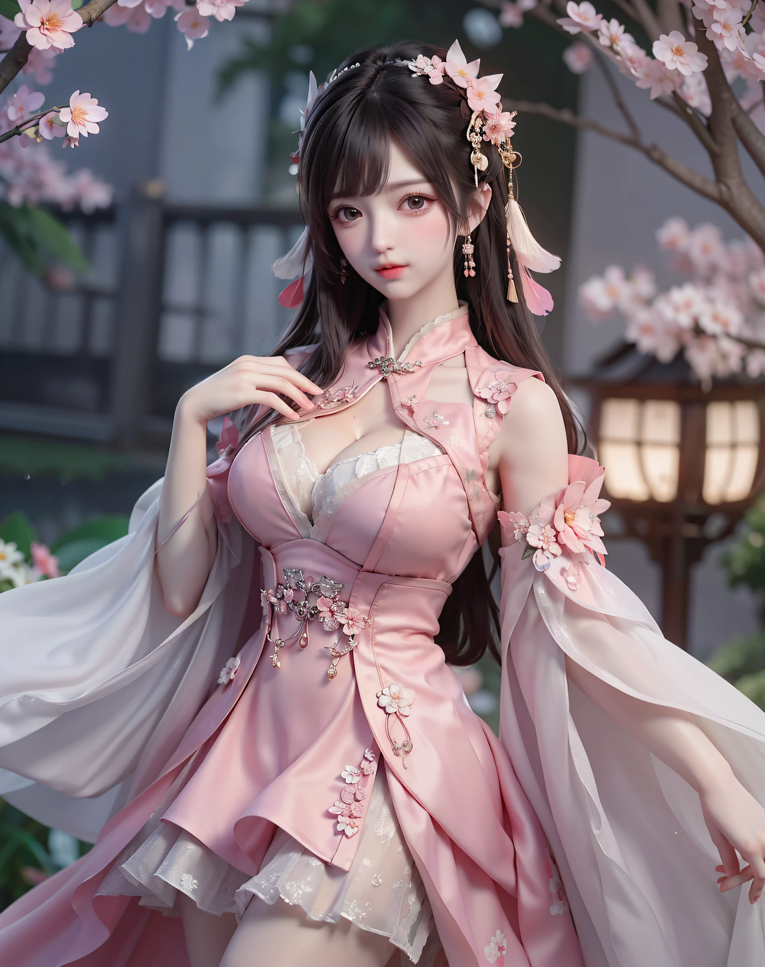 (8k, RAW photo:1.2), best quality, ultra high res,dramatic angle,(fluttered detailed color splashs), (illustration),(((1 girl))),(long hair),(rain:0.9), (Headdress:1.4),There is an ancient palace beside the girl,Hanfu,(Key Points),Color ink painting,(Splash of Color),Splash of Color,(((colorful))),(sketch:0.8) , Masterpiece, best quality, beautiful painted, highly detailed,(denoising:0.6),[splash ink],((ink refraction)), (beautiful detailed sky),moon,highly,detaild,(masterpiece, best quality, extremely detailed） CG Unity 8k Wallpaper，masterpiece，best quality，Ultra Detailed），（Lycoris）. hanfu open v open V-chested clothes Thin silk lace dress , (huge ，cleavage),, white pink and gren，best qualtiy，tmasterpiece，Ultra-high resolution，（Reality：1.4），RAW photogr，（True skin texture：1.3），（filmgrain：1.3），（Selfie angle），1个Giant Breast Girl，Beautiful eye and face details，tmasterpiece，Best quality at best，，The chest more exposed， detailed hair, brap urple , detail 8k, upper body, lace petticoat