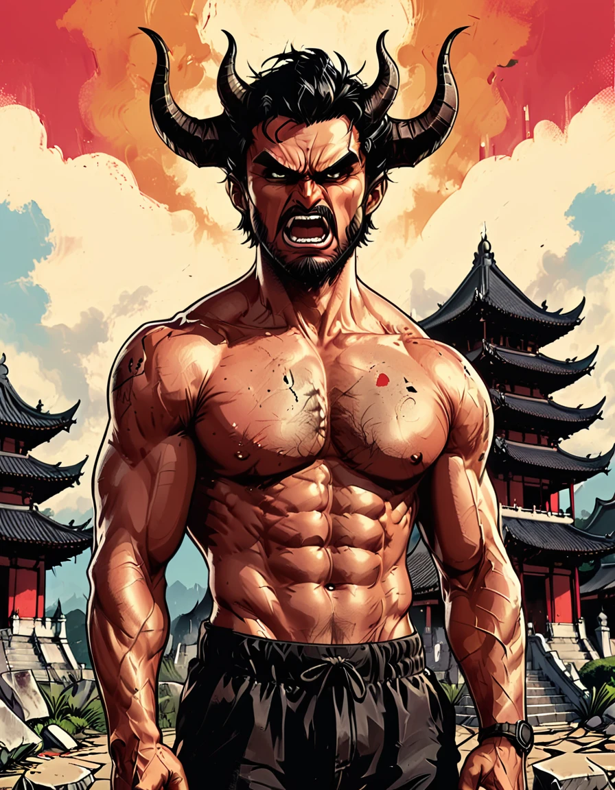 (open mouth), angry, tropics, Buddhist temple, mountains, palm trees, square in front of the temple, ((graphic style, dark novel style, comic style, 2d:1.5), (hyperrealism, masterpiece:1.4), (colourful, soft cinematic light:1.1), incredibly lifelike), Extremely high-resolution details, 8k, portrait, (open mouth),head raised, chin raised, ((angry)), ((look at the side):2), portrait angry (((Man with demon horns))) in black shorts at ruins of a buddhist temple, Adult, Italian, Mesomorph Muscular fitness body, short Muscular neck, Rectangle faces, broad Muscular shoulders, Attached Cupped Ear, Low Forehead, black short combed back hair, Fleshy nose, Bold Tapered black Eyebrows, High Angular Prominent Cheekbone, Heart-Shaped Cheek, triangular Chin, Angular jawline, glow Upturned eye, Thin nude Lips, Designer Stubble black whiskers, triangular black hair beard, Muscular fitness breast, ((big muscles)), ((dark black skin)), Athletic thighs, six-pack abs,