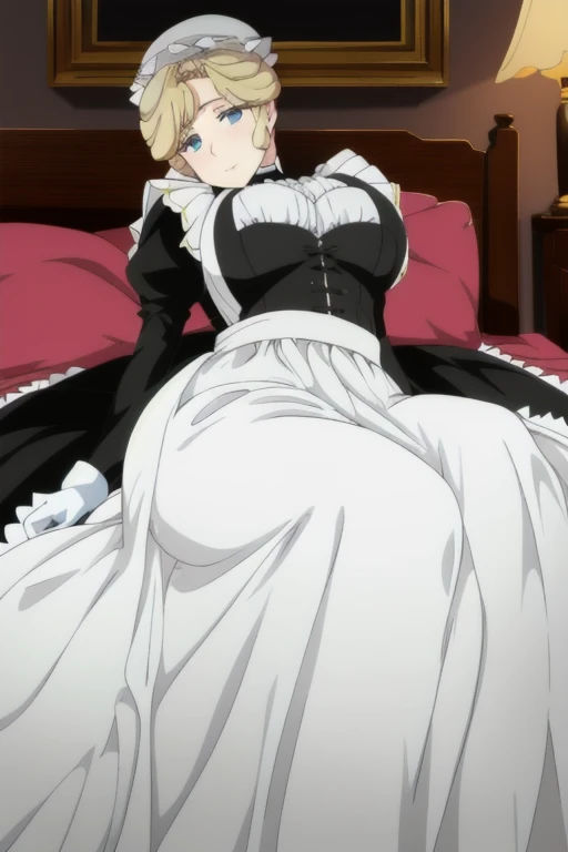 Maria_VM, huge_breasts, standing, solo, VIctorian_Maid_Uniform, masterpiece, best quality, detailed face, detailed eyes, highres, white gloves, long skirt, leaning back, posing, from below, laying down, bed, bedroom 