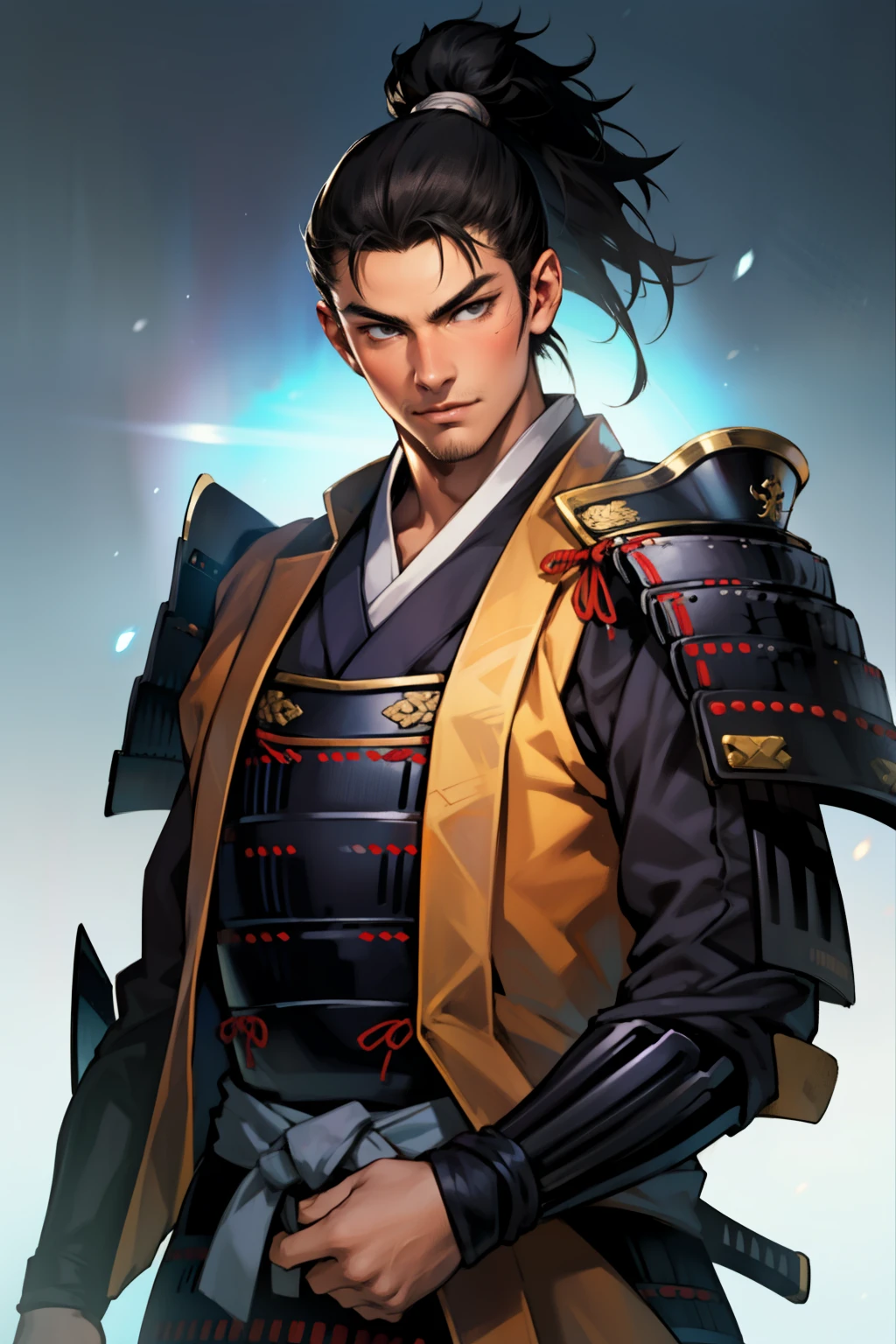 (high resolution, pixel perfect, gorgeous illustrations), (hyper quality, muste piece, etheric: 1.4), (((cowboy shot))), face focus, ((solo)), (((Androgynous, boyish))), cool atmosphere, black hair, ((((low_ponytail)))), (((Exquisite face, aroused))), blush, (slender, small breasts), fighter, (((samurai, armor))), simple background,