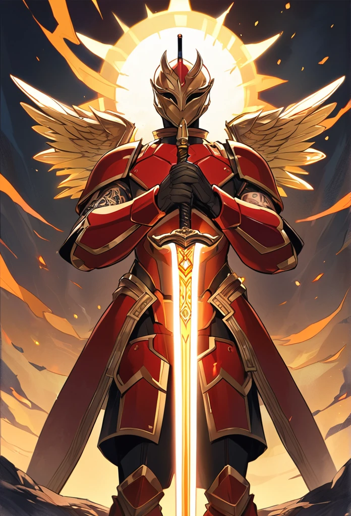 Saito:Height: 1,8 meters.hair: black and short.body: robust, tattoo: He has a tattoo on one of his arms.facial expression: serious. Golden Wings of Light.gold eyes.Mask that covers the lower half of the face.Golden light sword in one of his hands.Red armor with orange details, with symbols related to the sun on it.Symbolism of the sun behind him.