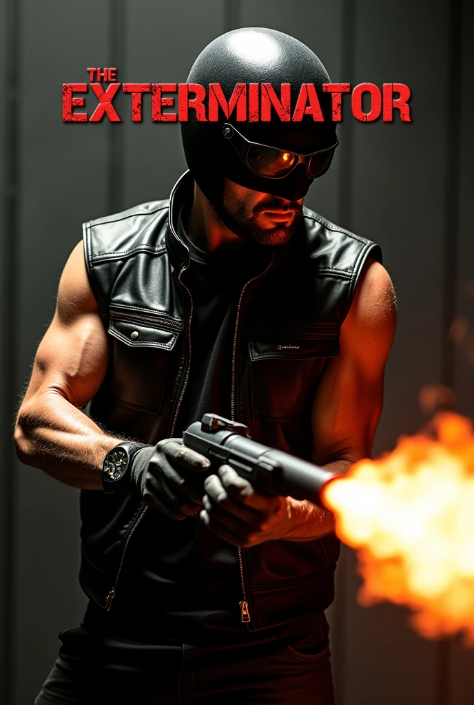 Movie Poster, title logo "The Exterminator", a man, full-face bike helmet, sleeveless black leather jacket, flamethrower, 