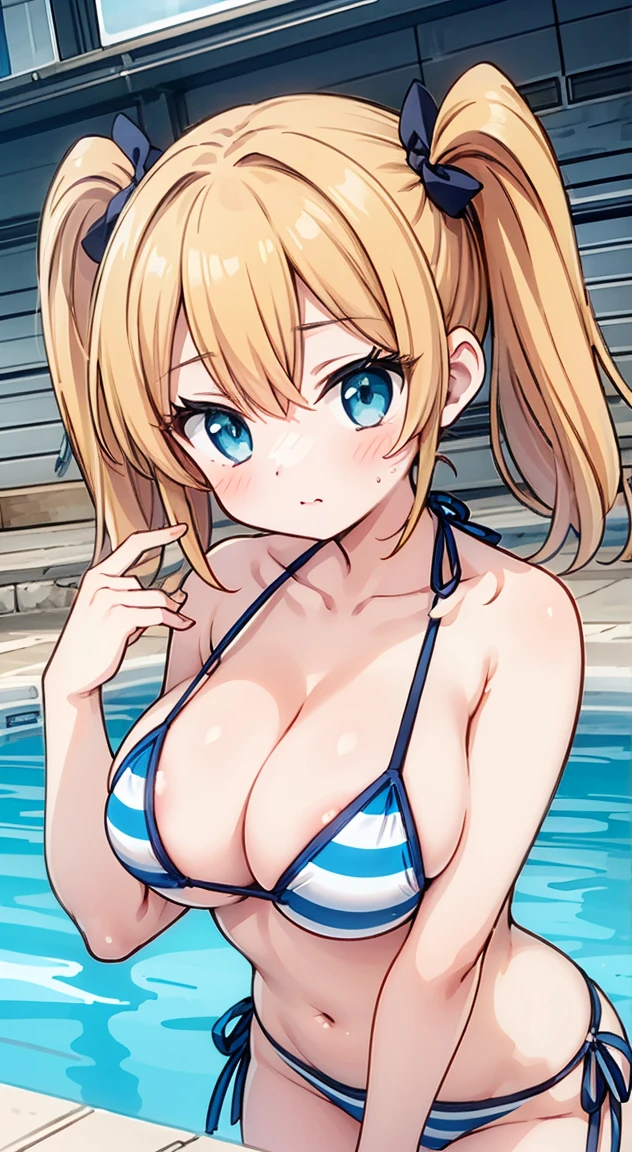 School swimmingwear,blush, full-face blush,masterpiece, Highest quality, (anime screencap:1.3),(shape), cute,(Simple:1), (anime:1.2),Solo Sharp Focus, 1 girl, Cleavage,Looking at the audience, at noon, School poolside,Are standing,,(Browsing Caution:1.2),Beautiful Hair,Horizontal stripes,heart shaped pupils,Close one eye,Happy smile,Large Breasts,cute eyes,Puffy eyes,no fingers,enjoy,