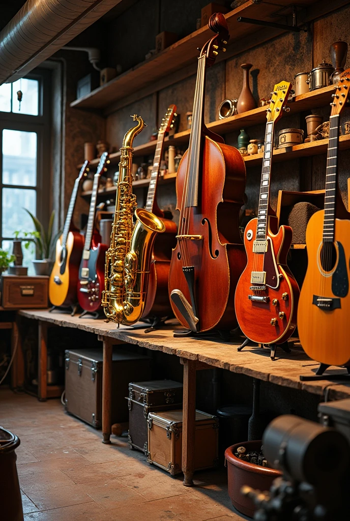 All workshops for musical instruments Where you can find a saxophone, a drum kit, a guitar and a trumpet