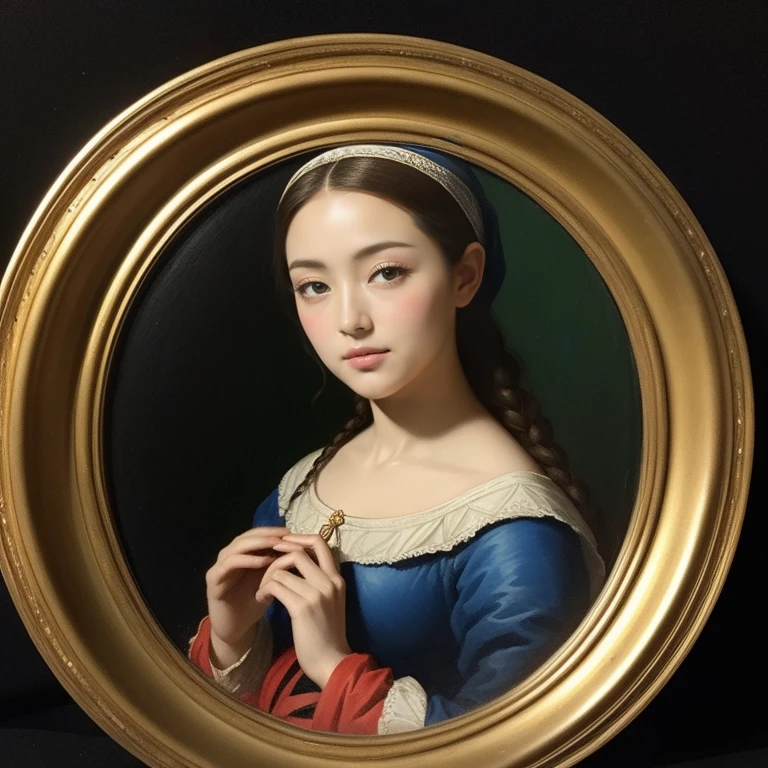 By Raffaello Santi「Madonna of the Chair」。A painting in a circular frame。The figure of the Virgin Mary is the central focus。Maria has a beautiful face、He is looking at me with a gentle gaze。She wears traditional costume and、Wearing a red and green decorated head cloth。The overall color scheme is warm.、The soft light gently envelops the figures.。Darker backgrounds、The figures are depicted prominently。The painting style is Renaissance.、Carefully depicted down to the smallest detail。