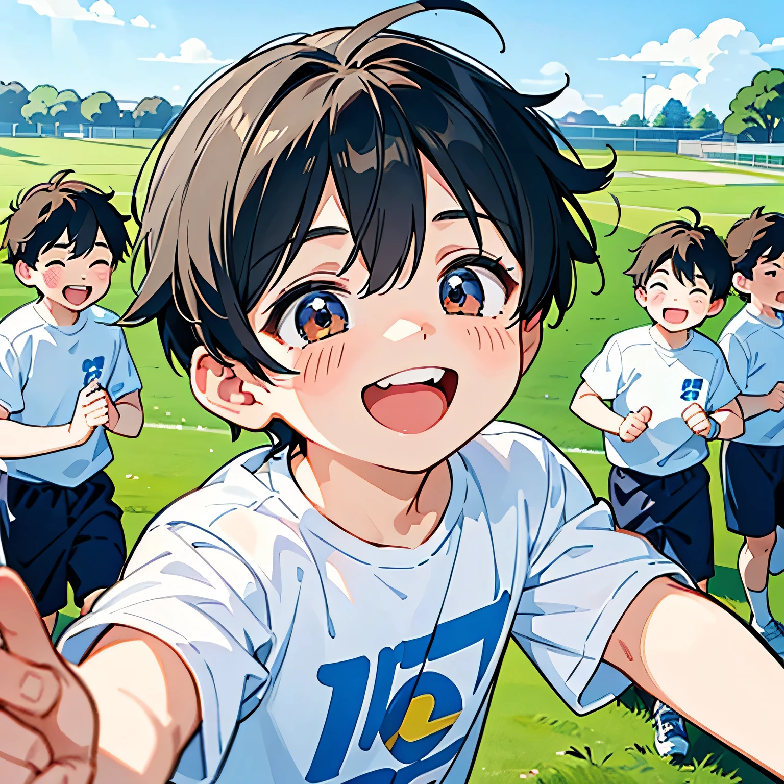 Masterpiece, highest quality illustrations、A 9-year-old boy is laughing cheerfully、Active boys、An innocent and lively boy、A boy who likes sports、A composition that captures the entire upper body