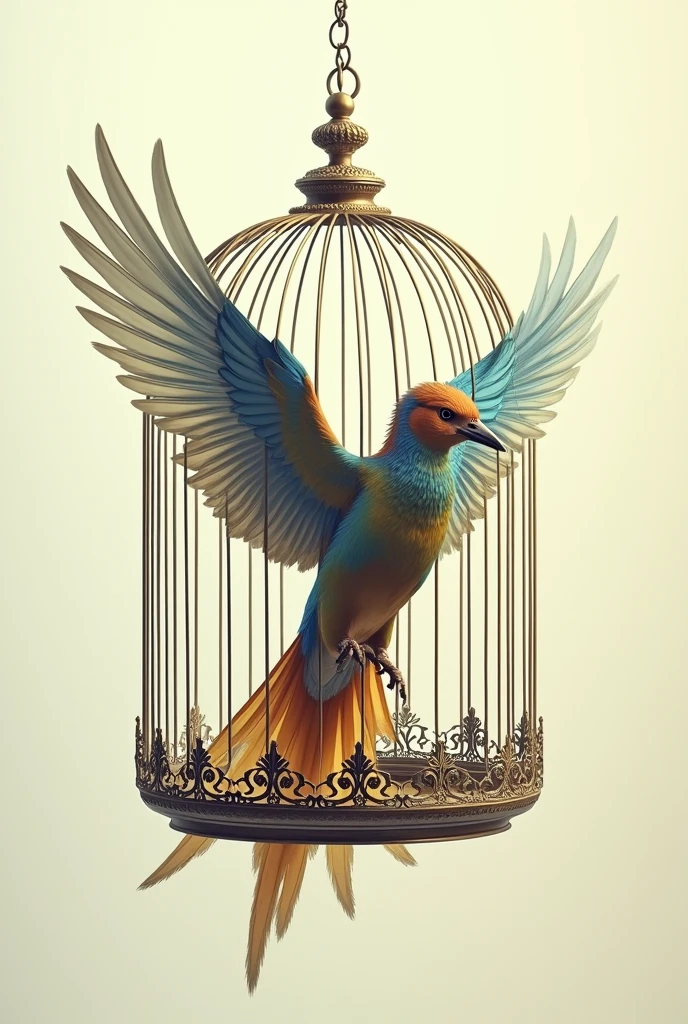 Bird flying in cage with an empty background 