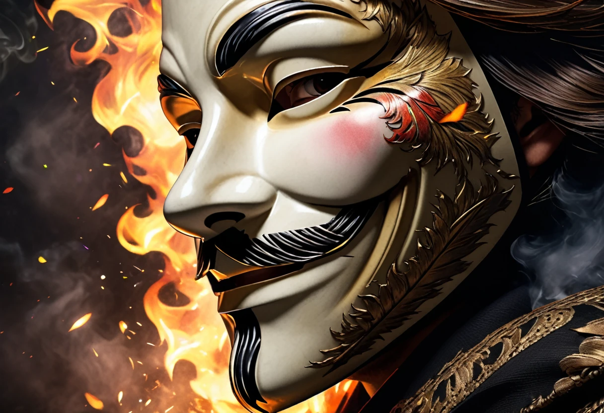 (masterpiece, best quality:1.1), (ultra highres, ultra-detailed:1.2),(Guy Fawkes mask close-up),The background is explosive flames,smoke,