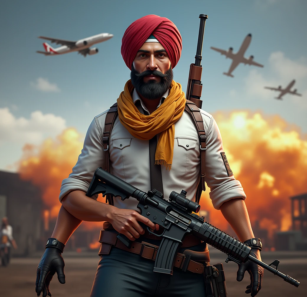 Create a half picture(same as image prompt and include shoulder s)with punjabi turban,less beard and gun on shoulder and background with pubg items such as Pan,ganrade, AWM, bullets , aeroplane ,airdrop etc