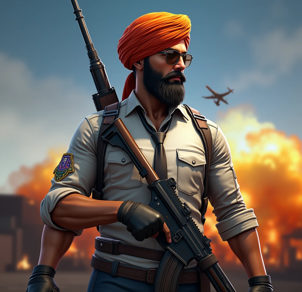 Create a half picture(same as image prompt and include shoulder s)with punjabi turban,less beard and gun on shoulder and background with pubg items such as Pan,ganrade, AWM, bullets , aeroplane ,airdrop etc