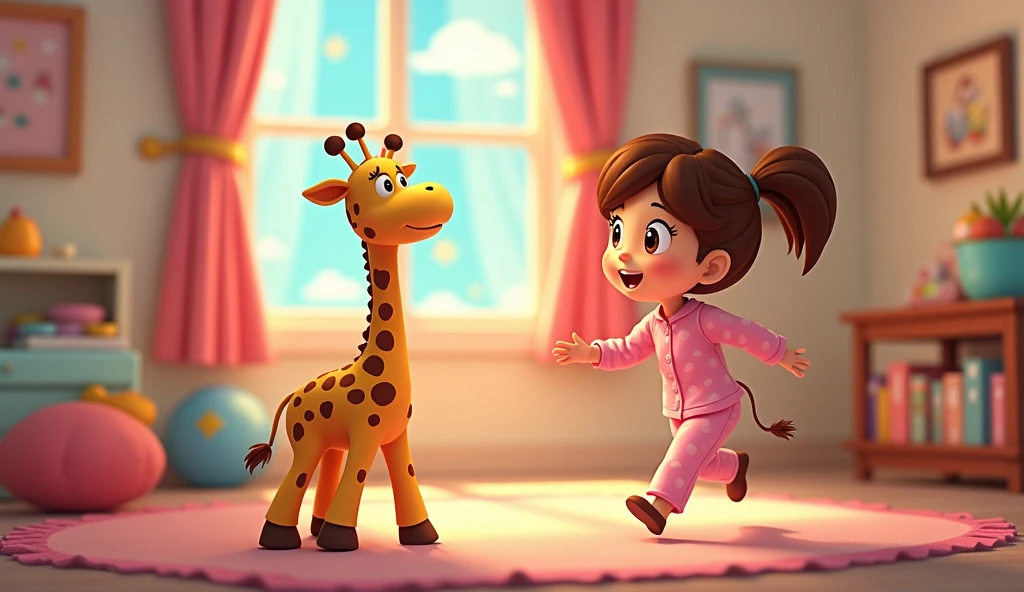 Cartoon girl runs in pajamas to toys where there is a plush toy giraffe with a long neck