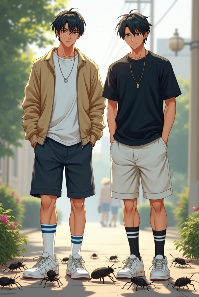 2 handsome asian male agers with tall and slim bodies and black hair. 1st asian wears a white t shirt with a beige cardigan, long white socks with 2 blue stripes on it, and white air force ones. 2nd wears a black t shirt, white shorts, long black socks with 2 white stripes, and air jordans. Both are stomping and crushing bugs 