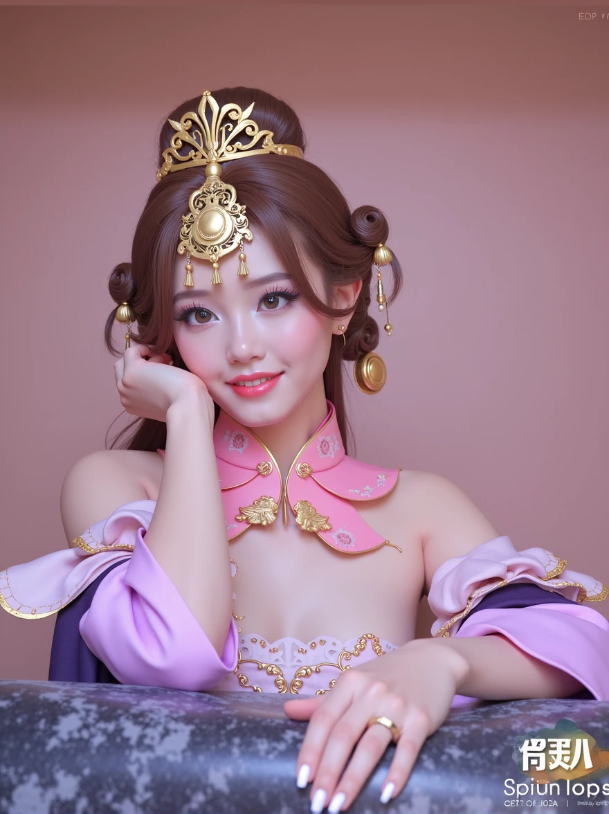 (masterpiece, best quality, 8k, (raw photo:1.2),((photorealistic)), ultra-detailed, highres, extremely detailed), Photo of a attractive woman in diaochan cosplay costume, Kings Impact Diao Chan Cosplay Costume, moderately large breasts, lotus detail, fussy hair accessories, (delicate, gentle pose), pose for photo, (((beautiful eyes))), meticulous makeup, curled eyelashes, ((looking at viewer)), light smile, no background, professional photographer studio lighting, (cosplay character game)
