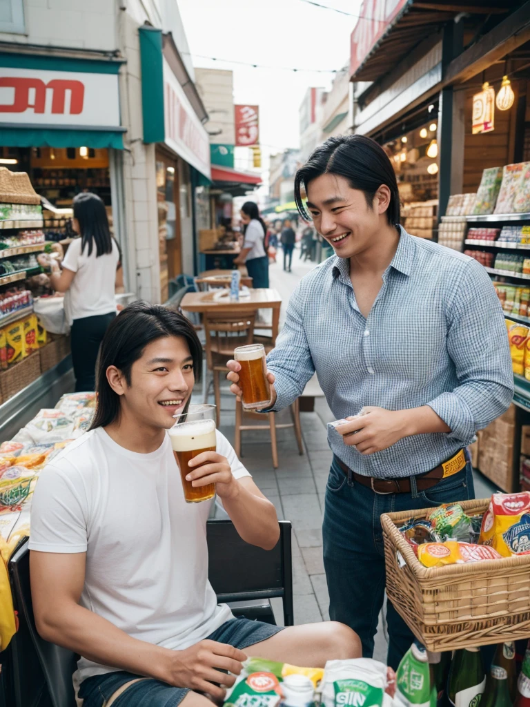 Long haired Asian man drinking beer and very short haired Asian man drinking beer, sitting in front of a grocery store, with hanging goods all over the store, seeing a round table with food and beer bottles, everyone looks cheerful, high quality image, realistic image.