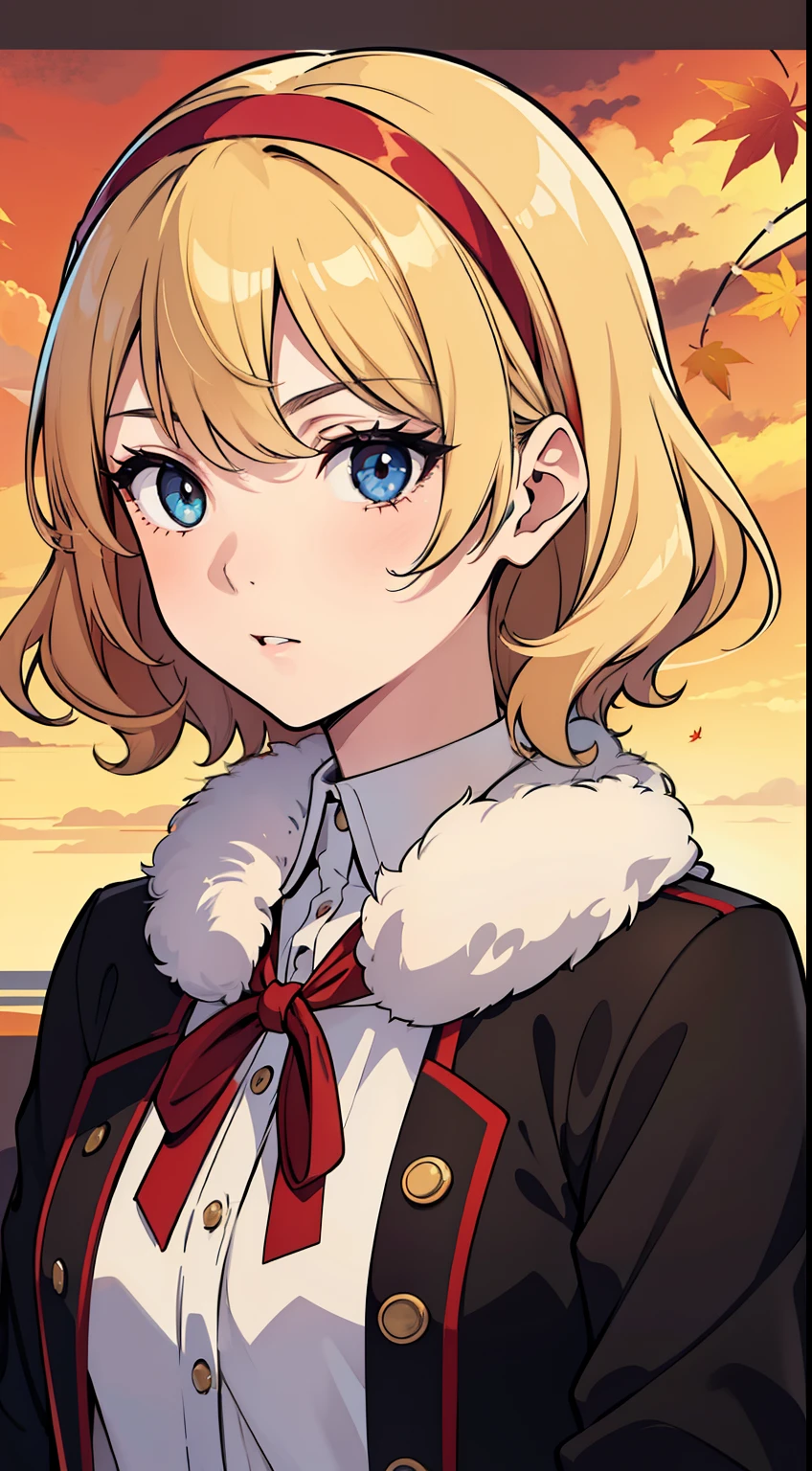 (high-quality, breathtaking),(expressive eyes, perfect face) 1girl, female, solo, young adult, Symmetrical Eyes, light blonde hair, Heterochromia left red and right brown eye color, short hair length, curly wavy hair, red headband, red ribbon in hair, fluffy jacket, shirt, cute black shorts, portrait, autumn theme, autumn background, fantasy modern attire, flying maple leaf's, sunset sky
