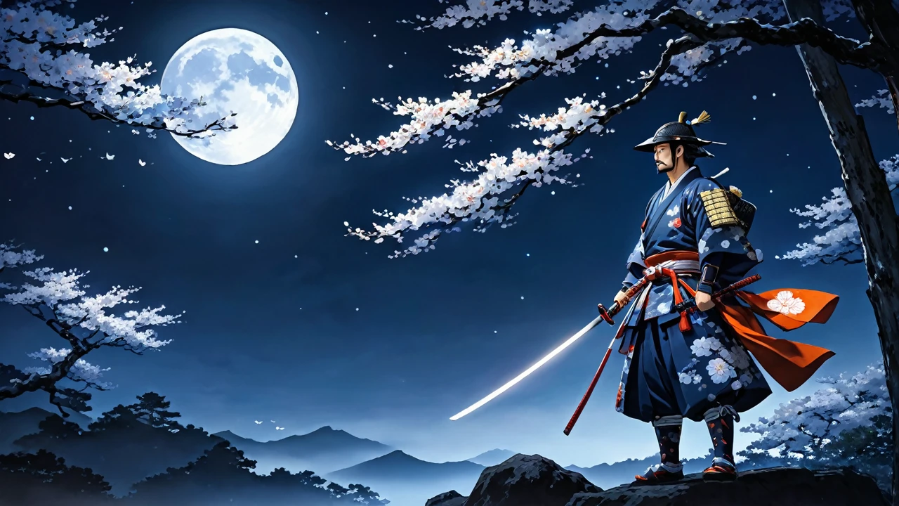 Illuminated by a moonlit night、１Standing Sengoku Samurai