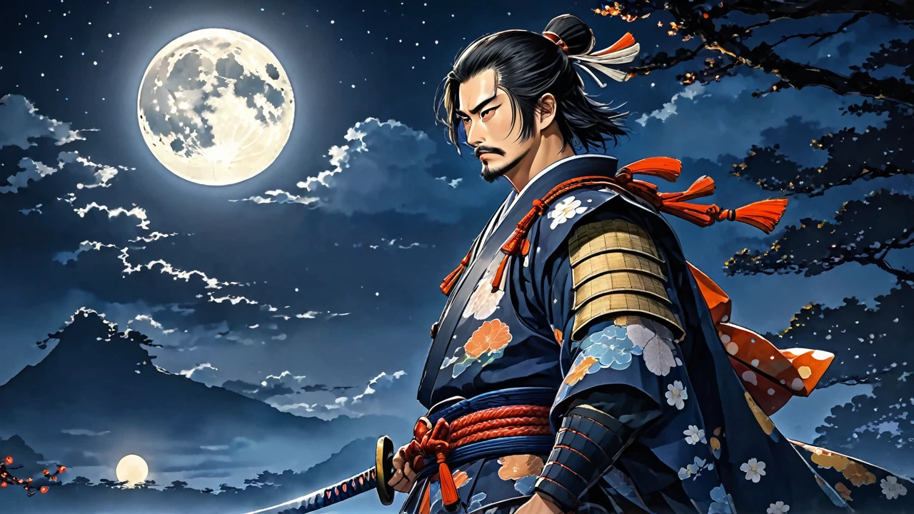 Illuminated by a moonlit night、１Standing Sengoku Samurai