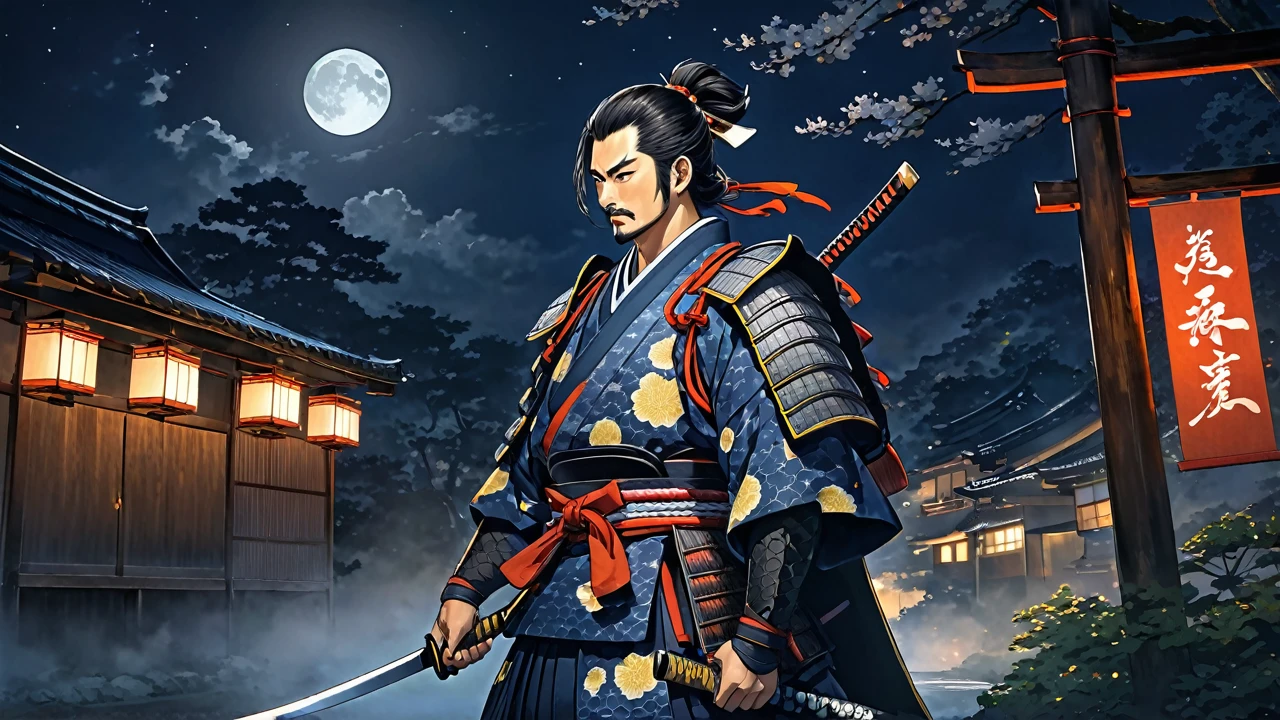 Illuminated by a moonlit night、1Standing Sengoku Samurai