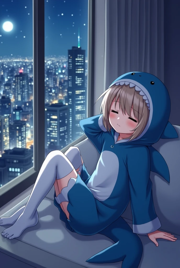 A 18 year old anime-style boy dressed in a cute shark costume, garbed in soft shades of blue, hes has on thigh highs, fishnets and he has a shark tail and ears . He is portrayed sleeping nesxt to a window that has a city though the window while its night