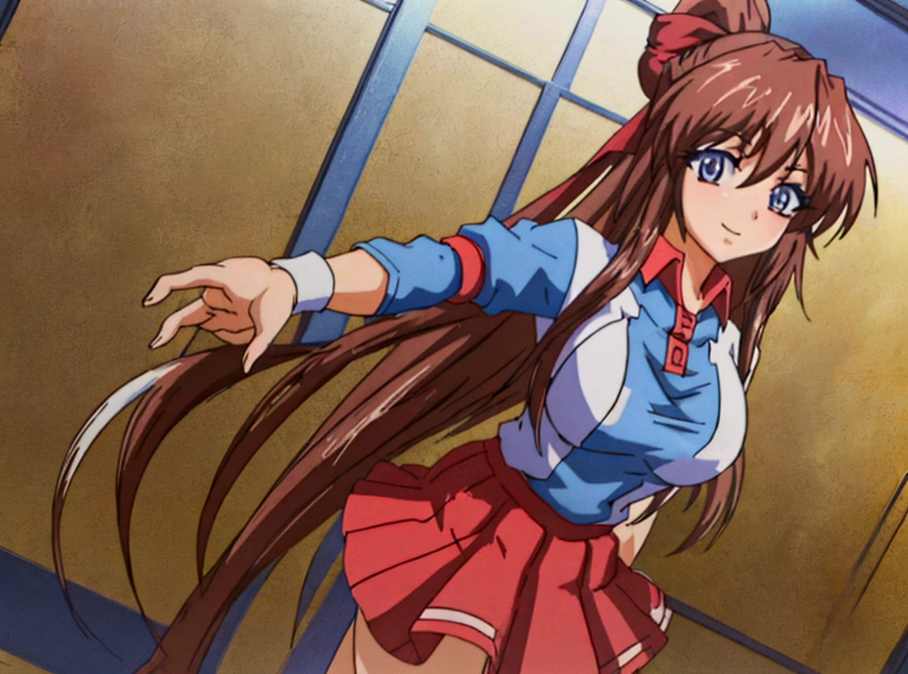 (Anime artwork, Anime Style, Studio Anime, Very detailed, up to date, Vibrant, Anime Coloring Book, High Contrast, masterpiece:1.2, Highest quality, Best aesthetics), (Beautiful and detailed eyes:1.2), Aoi Tennis, One girl, alone, blue eyes, Hair Ribbon, Tennis uniform, Polo shirt, Raglan sleeves, Pleated skirt, Red Skirt, smile, Asymmetrical bangs, Perfect Proportions, Skin with attention to detail, cute, Detailed face, (Cowboy Shot, Dynamic Angle:1.2), (Accurate fingertips, Browse 4, Thumb 1),