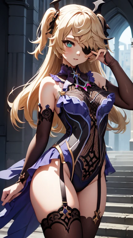 Young blonde girl, black eye patch, twin large ponytails,
BREAK (masterpiece:1.2), best quality, high resolution, unity 8k wallpaper, (illustration:0.8), (beautiful detailed eyes:1.6), extremely detailed face, perfect lighting, extremely detailed CG, (perfect hands, perfect anatomy), joyful, laughing, Happy, (thigh corset with deep lace neckline), portrait (3:4), posing. In darkness next to a scary castle.