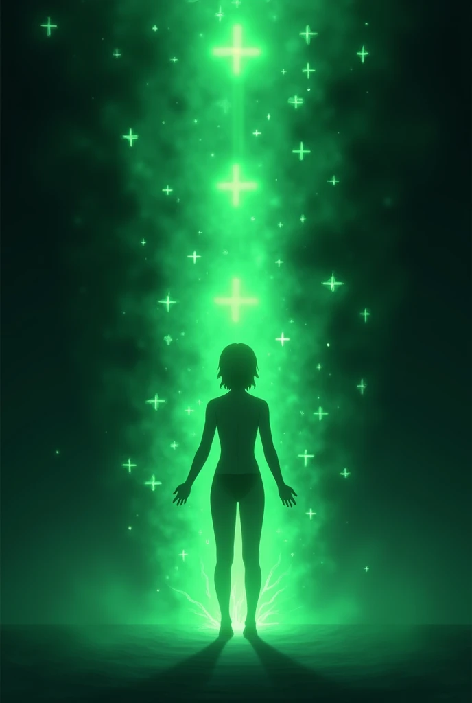 ((Best Quality)), ((masterpiece)), (detailed), a healing aura in anime style, with plus symbols +, all green color, with the silhouette of a person in the center. With a black background,