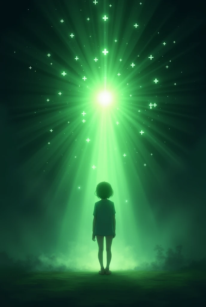 ((Best Quality)), ((masterpiece)), (detailed), a healing aura in anime style, with plus symbols +, all green color, with the silhouette of a person in the center. With a black background,