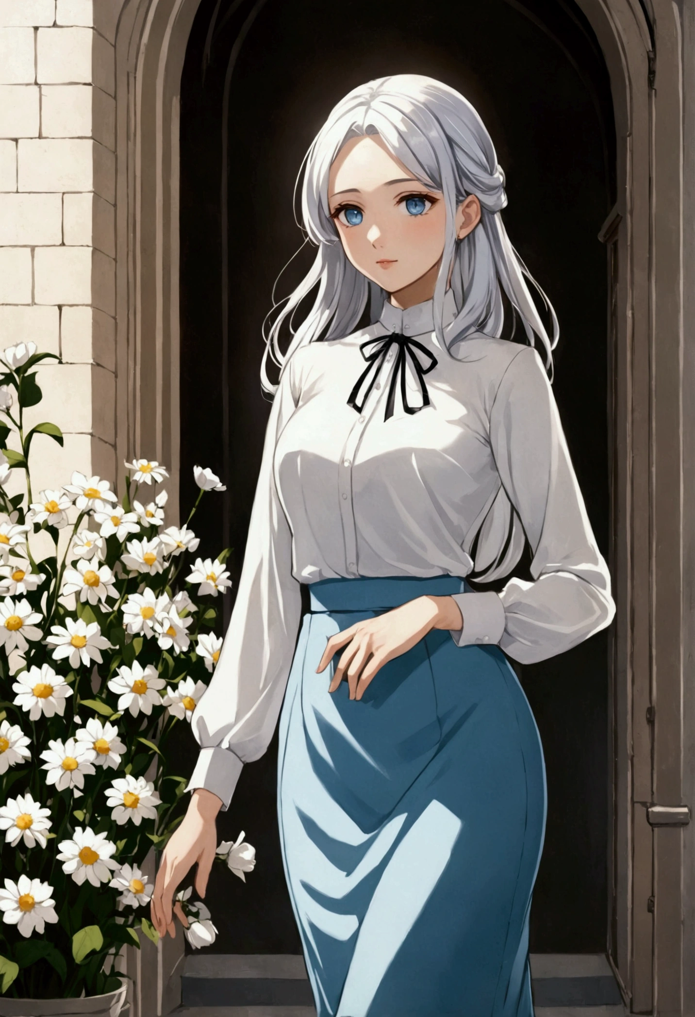 anime style, adult, friendly, blue eyes, long platinum hair, modest outfit, elegant style, slim body, classic outfit, white blouse, midi skirt, elegant, flowers, sunlight.