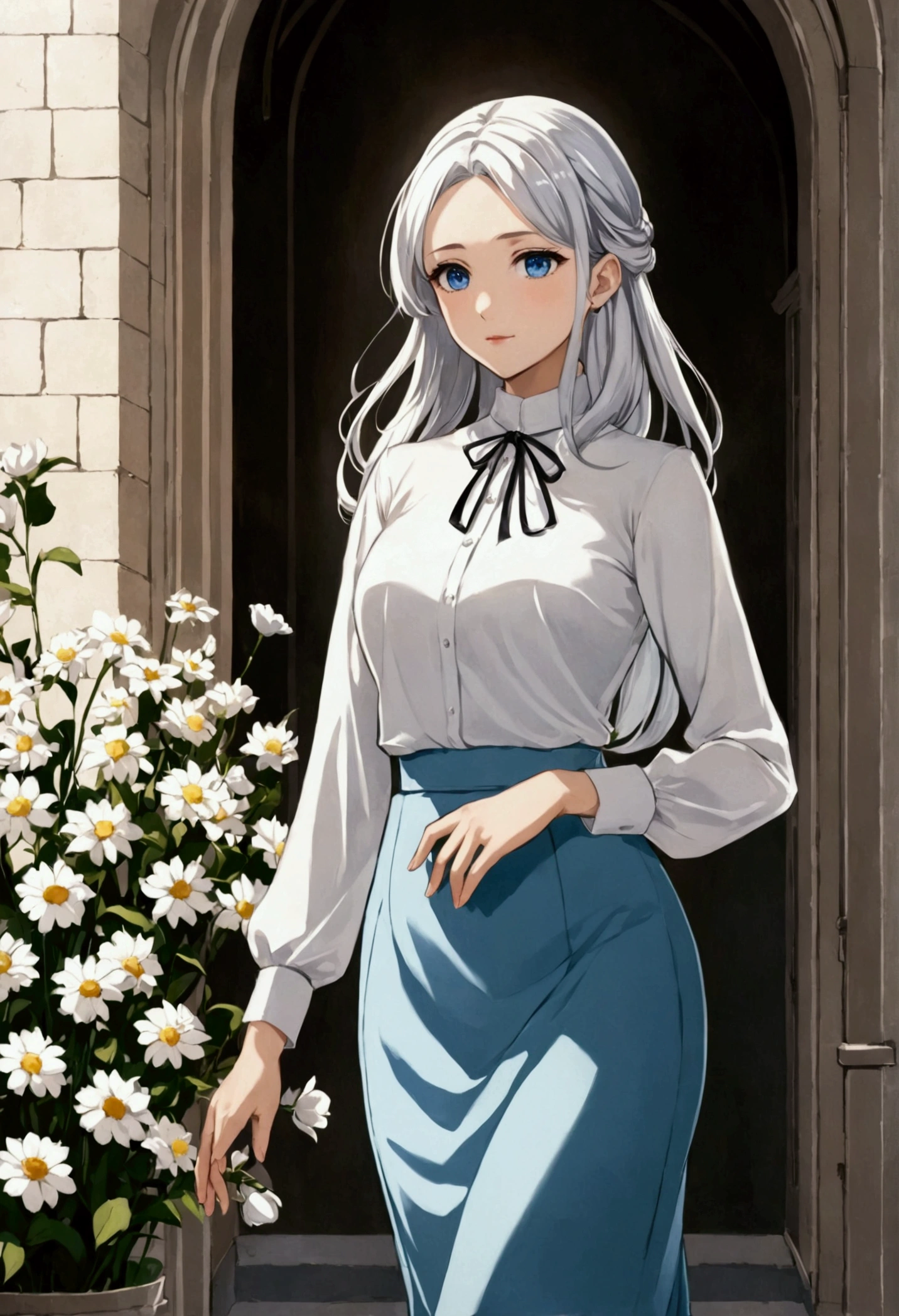anime style, adult, friendly, blue eyes, long platinum hair, modest outfit, elegant style, slim body, classic outfit, white blouse, midi skirt, elegant, flowers, sunlight.