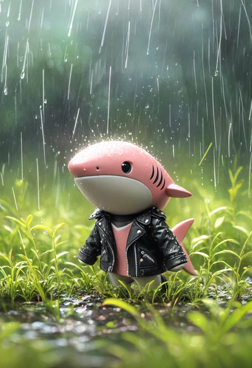 Sexy pink Shark Girl wearing black leather jacket,(No humans),E7E48U，，rain, Background grassland