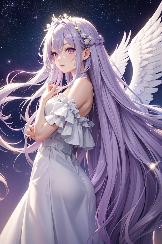 Pastel purple hair Wavy Long Hair Purple Eyes Beauty beautiful Silver Angel White Feather Halo Starry Sky